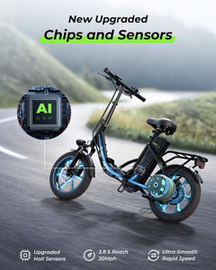 16" Folding Electric Bike for Adults, 750W Peak Motor with Max 55Miles PAS Range & 19MPH EBike, 374.4Wh Battery Electric Bicycles