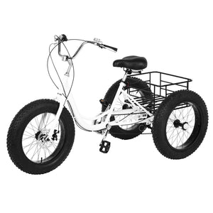 20 Inch Fat Tire Adult Tricycle - 7-Speed 3 Wheel Bike with Rear Tarpaulin Shopping Basket