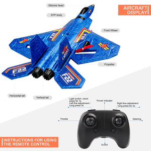 Remote Control Plane F-22 Raptor, 2.4Ghz Rc Airplane with Smart Gyro/LED Lights/3 Rechargeable Batteries (Blue)