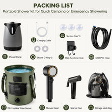 Load image into Gallery viewer, Portable Shower for Camping, 8000mAh Rechargeable Pump with LED Temperature &amp; Battery Display, 25L Collapsible Bucket, 5 Levels Spray, IPX8 Waterproof, USB-C Charging, Camp Shower for Indoor Outdoor
