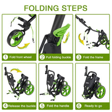 Load image into Gallery viewer, KVV 3 Wheel Foldable/Collapsible Golf Push Cart Ultra Lightweight Smallest Folding Size, New-Version Scorecard Holder Umbrella Holder Included(Black/Lime)

