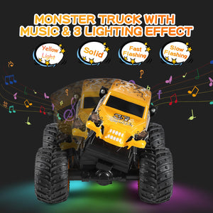 Remote Control Car, 2.4Ghz All Terrain Monster Truck Toys, RC Truck with Music, 3 Lighting Effects, 360 Stunt (Yellow)