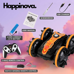 Amphibious RC Car for Kids, 4WD 2.4GHz Stunt Vehicle with Gesture & Remote Dual Control, 360° Spins