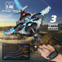Load image into Gallery viewer, Remote Control Drone for Kids, Gesture RC Stealth Raptor Airplane, Quadcopter Fighter Jet with Light/Spray/360° Flip (3 Batteries/984ft)
