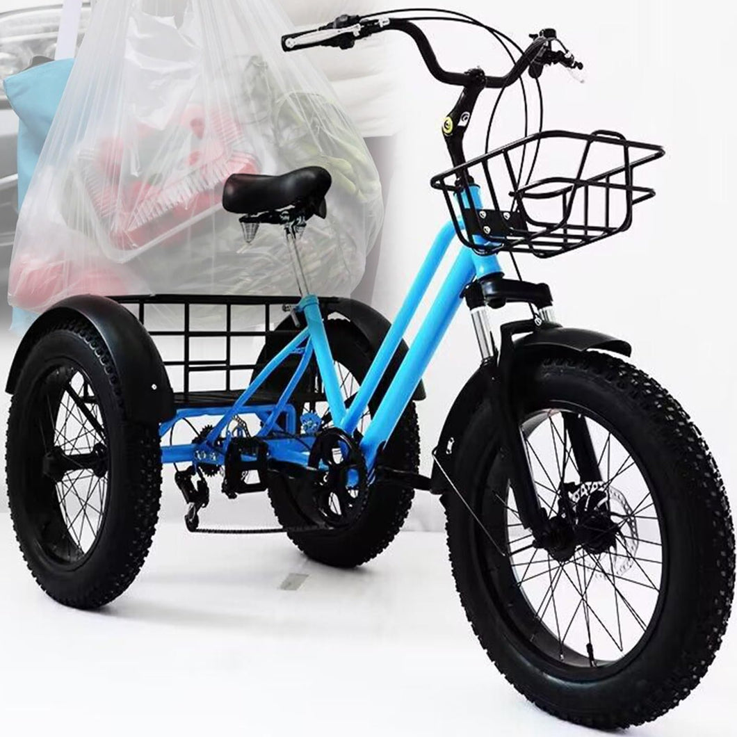 Adult Tricycle Drift Trike 20 inchs, Blue 7 Speed Tricycle for Adults with Double Disc Brake, 3 Wheel Bikes for Adults, Adult Tricycles