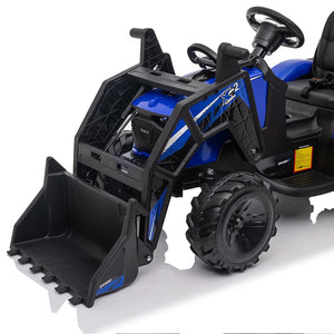 3 in 1 Kids Ride on Tractor, Excavator & Bulldozer, 24V Electric Tractor w/Trailer, Digger, Shovel Bucket, Blue