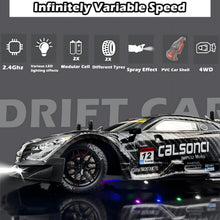 Load image into Gallery viewer, 1:16 RC Drift Car 2.4GHz Spray 4WD LED Lights 30+KM/H High Speed Remote Control Car 2 Batteries 60Min Infinitely (Black 1:16)
