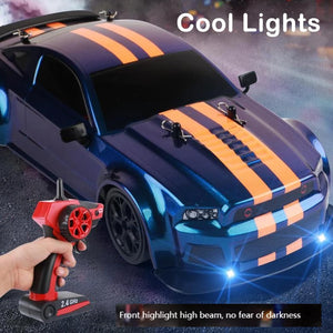 RC Drift Car, 1:14 4WD 30KM/H High Speed RC Racing Car, 2.4GHz Remote Control, LED Lights, 2 Batteries, Race & Drift Tires for Kids & Adults (Blue)