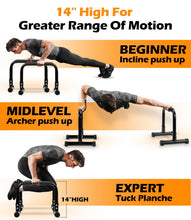 Load image into Gallery viewer, TABEKE Push Up Bar, 14'' High Steel Parallettes &amp; Dip Bar - Black
