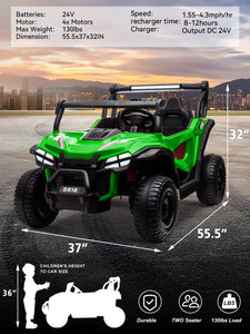 24V XXXL Ride on Cars 2 Seater, Electric Cars Vehicles for Big Kids, 4WD Ride on UTV Truck w/Remote Control（Green）