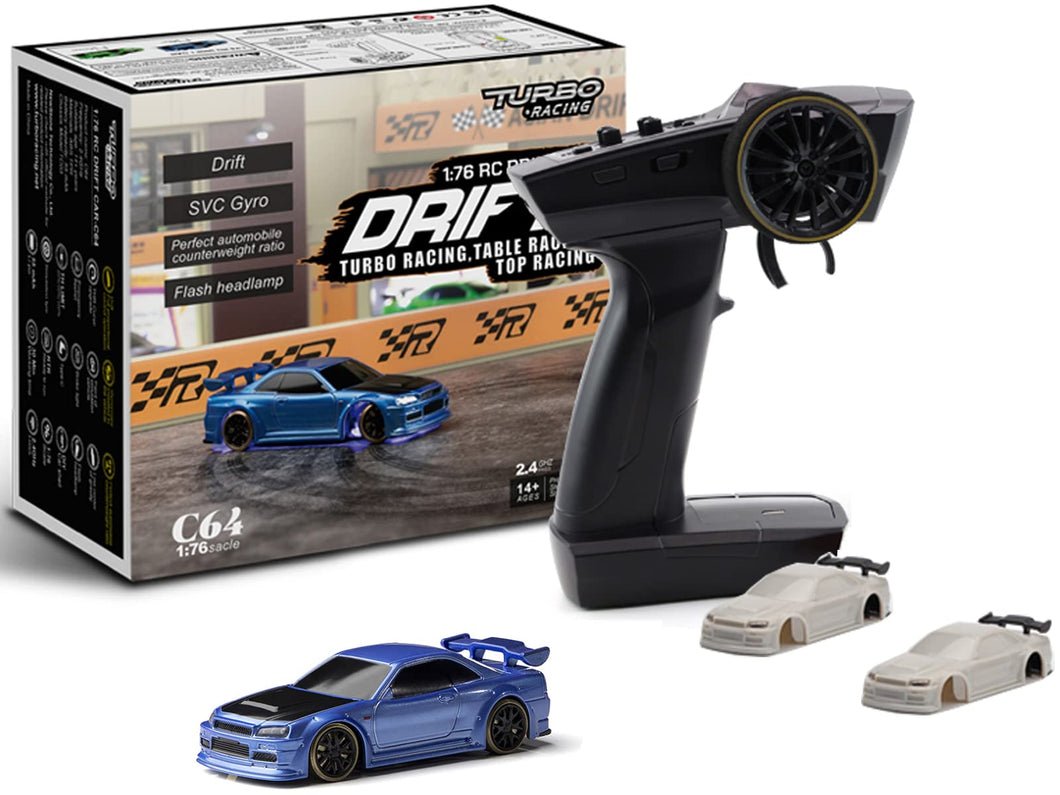 Turbo Racing 1:76 Scale Drift RC Car with Gyro Mini Full Proportional RTR 2.4GHZ Remote Control with 2 Replaceable Body Shell