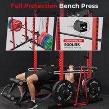 Load image into Gallery viewer, Mikolo F4 2.0 Power Cage with Dual-Track Smooth Pulley System, 1200LBS Power Rack with Leg Hold-Down for Heavy LAT Pulldowns, All-in-One Squat Rack with More Training Attachments for Home Gym (Red)
