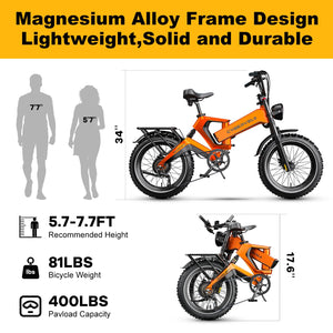 1000W(Peak 2000W) Folding Electric Bike for Adults,35MPH 100Mile,48V 25Ah Removable Battery,20" x 4.0 Fat Tire Foldable Electric Bicycle