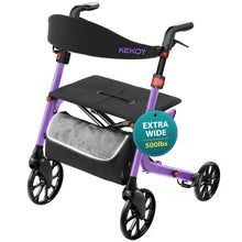Load image into Gallery viewer, Kekoy Bariatric Rollator Walker for Seniors with Seat, 500 lbs Heavy Duty Walker, 19.5" Extra-Wide Seat, 10" All-Terrain Wheels, Adjustable Height, Foldable Rolling Walker, Hidden Brake Cables, Purple

