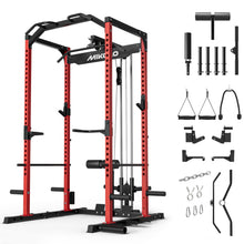 Load image into Gallery viewer, Mikolo F4 2.0 Power Cage with Dual-Track Smooth Pulley System, 1200LBS Power Rack with Leg Hold-Down for Heavy LAT Pulldowns, All-in-One Squat Rack with More Training Attachments for Home Gym (Red)

