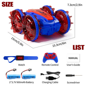 Remote Control Amphibious Gesture RC Boat Car - 4WD Waterproof Stunt Vehicle With LED Lights, Water Beach Pool Toys (Blue & Red)