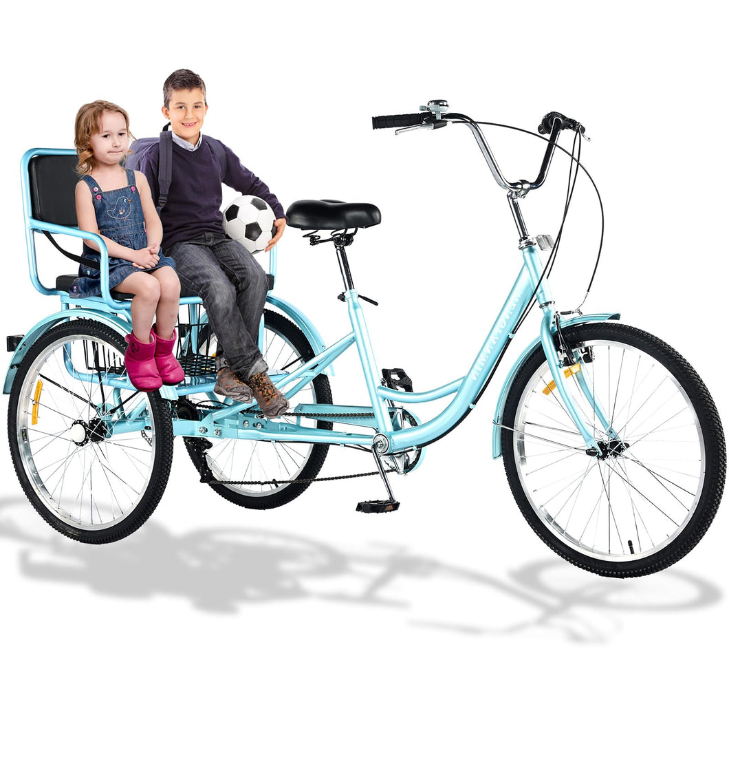 Adult Tricycle 7 Speed, Adult Tricycle with Rear seat for Ladies，24in 3-Wheel Bikes, Trike for Adults (Blue)