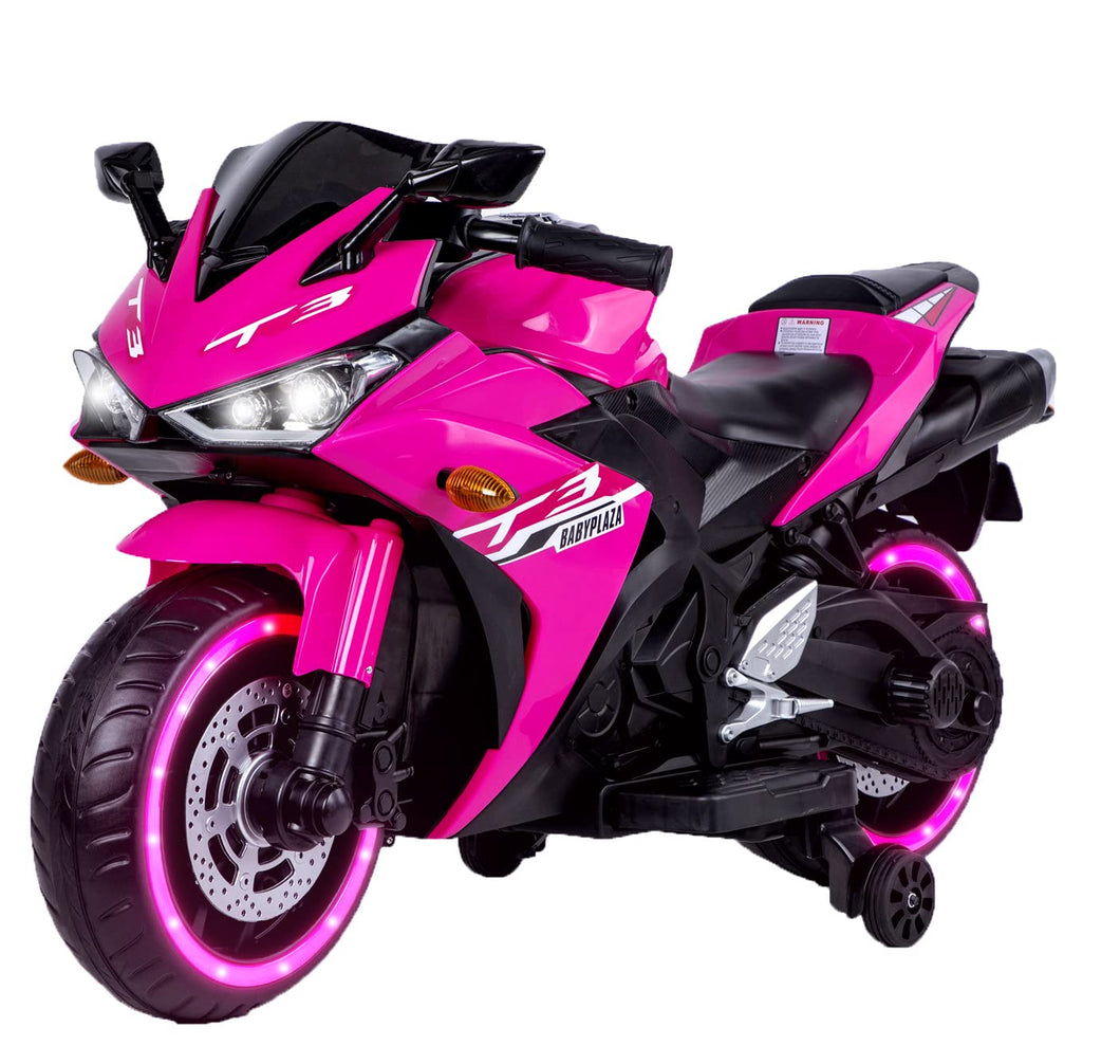 Kids Electric Motorcycle with Training Wheels, Light Wheels, Ride On Motorbike, Speed by Hand, Music Function, Max Load 66LB (Pink)