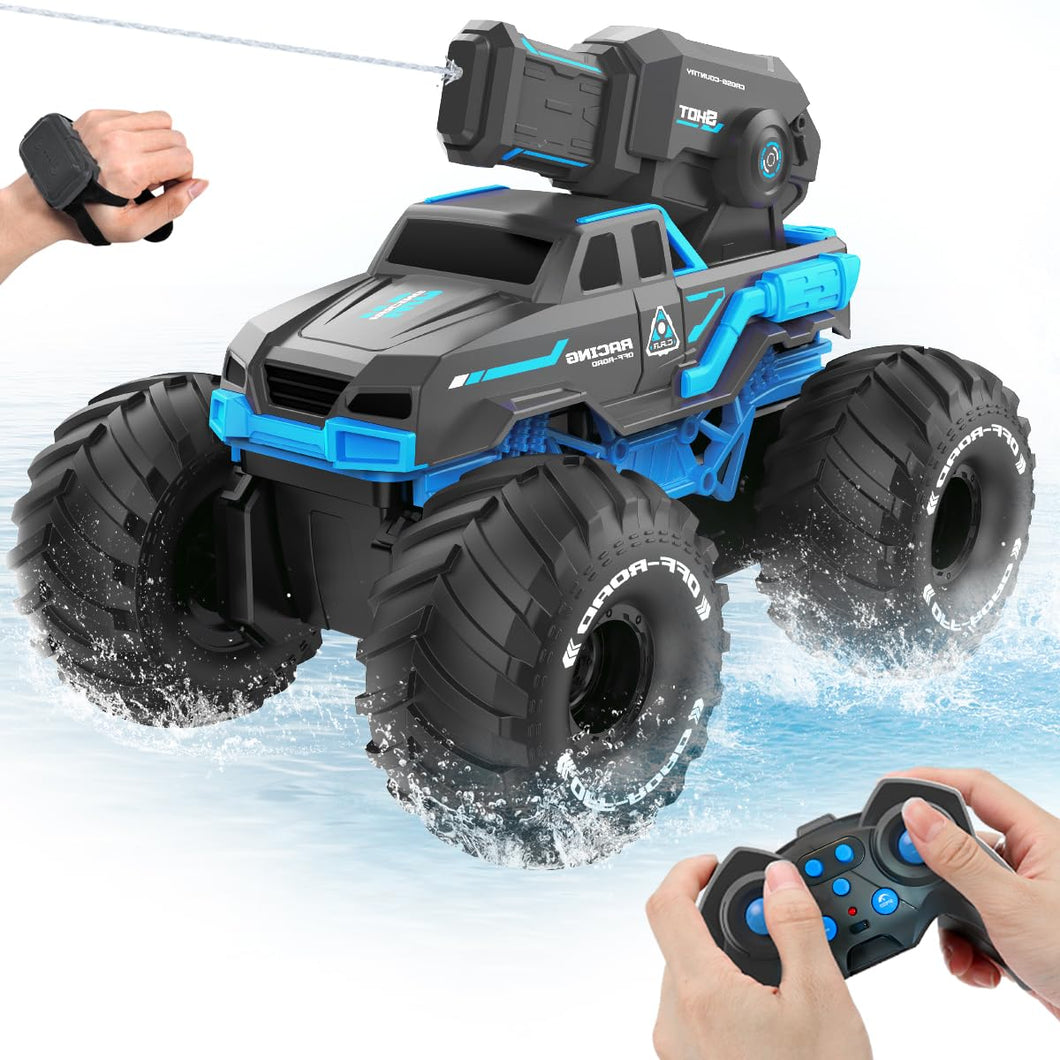1:16 Monster Truck Remote Control Car - Amphibious RC Off-Road Pickup Boat with Shooting Splash - 2.4GHz 4WD Waterproof All-terrian Pool Toy
