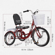 Load image into Gallery viewer, Red, Adult Tricycles, Pedal Tricycle with Front and Rear Removable Baskets, Outward-Facing Toe and Rollover Prevention
