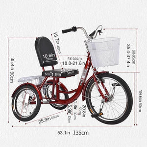 Red, Adult Tricycles, Pedal Tricycle with Front and Rear Removable Baskets, Outward-Facing Toe and Rollover Prevention