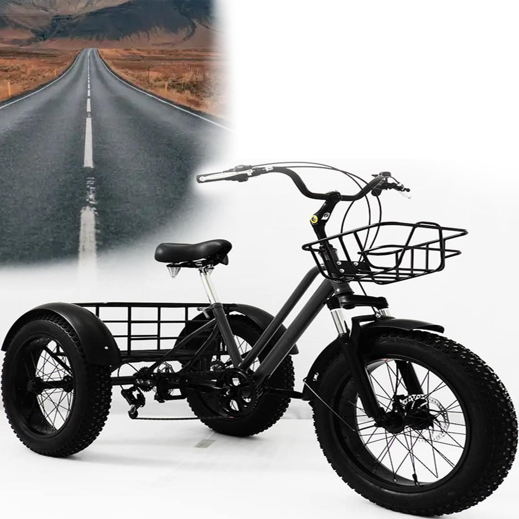 Fat Tire Trikes Adult Tricycle 7 Speed 20 Inches, Black Drift Trike 3 Wheel Bikes Tricycle for Adults, Fork Shock Absorption Wheel