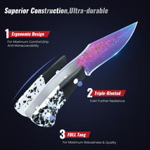 Load image into Gallery viewer, Premium Hunting Knife with Leather Sheath, 4.2" Damascus Style Fixed Blade Knife, Rainbow Titanium Coated German High Carbon Steel, Two-Tone Wood Handle,Unique Outdoor EDC Knife Gift for Men and Women (Dazzling colors) (New Dazzling Colors)
