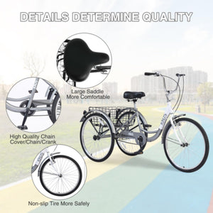 24-inch Adult Tricycle, 3-Wheel Cruiser Bike, 3-Wheel Bike, Front V-Brake, High-Strength Steel Frame, Silver