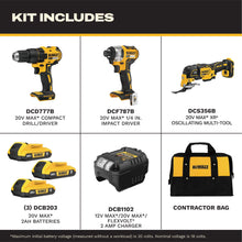 Load image into Gallery viewer, DEWALT 20V MAX 3-Tool Brushless Power Tool Set, Includes 1/2 Cordless Drill,1/4 Impact Driver, Oscillating Tool, 3 Batteries and a Charger, Extended Runtime, Lightweight (DCK360D3)
