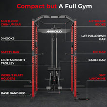 Load image into Gallery viewer, Mikolo F4 2.0 Power Cage with Dual-Track Smooth Pulley System, 1200LBS Power Rack with Leg Hold-Down for Heavy LAT Pulldowns, All-in-One Squat Rack with More Training Attachments for Home Gym (Red)
