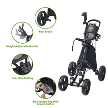 Load image into Gallery viewer, FLAGTAG Golf Push Cart 4 Wheels,Folding Golf Cart, Golf Pull cart with Cup Holder,Umbrella Holder,Cooler Bag, Foldable with one-Click,Handle Height Adjustable,Drink Holder,Walking Push cart

