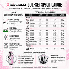 Load image into Gallery viewer, XDriveMax Women's Complete Golf Clubs Set (11-Piece Package), Right Handed, Lightweight Graphite Shafts, 460cc Driver, 3 Wood, Hybrid, 5-9 Iron+PW+SW, Putter, Stand Bag - Silver &amp; Pink
