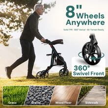 Load image into Gallery viewer, StepPilot Zero Wobble Rollator Walker with Seat for Seniors, 350lb Capacity, 18" Extra Wide Seat, 8" Wheels &amp; Dual Brake, One-Hand Folds to 9.6", 7-Level Handle Adjustable, Cup Holder &amp; Cane Clip
