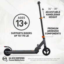 Load image into Gallery viewer, Electric Kids Scooter, Boys &amp; Girls Ages 13+, Max Rider Weight Up to 175lbs, Top Speed of 15.5MPH, Kickstand, Grey/Orange
