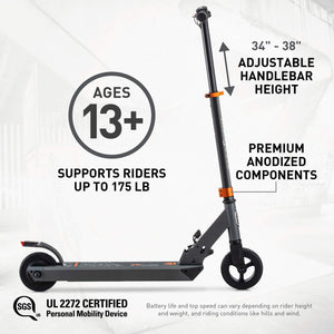 Electric Kids Scooter, Boys & Girls Ages 13+, Max Rider Weight Up to 175lbs, Top Speed of 15.5MPH, Kickstand, Grey/Orange