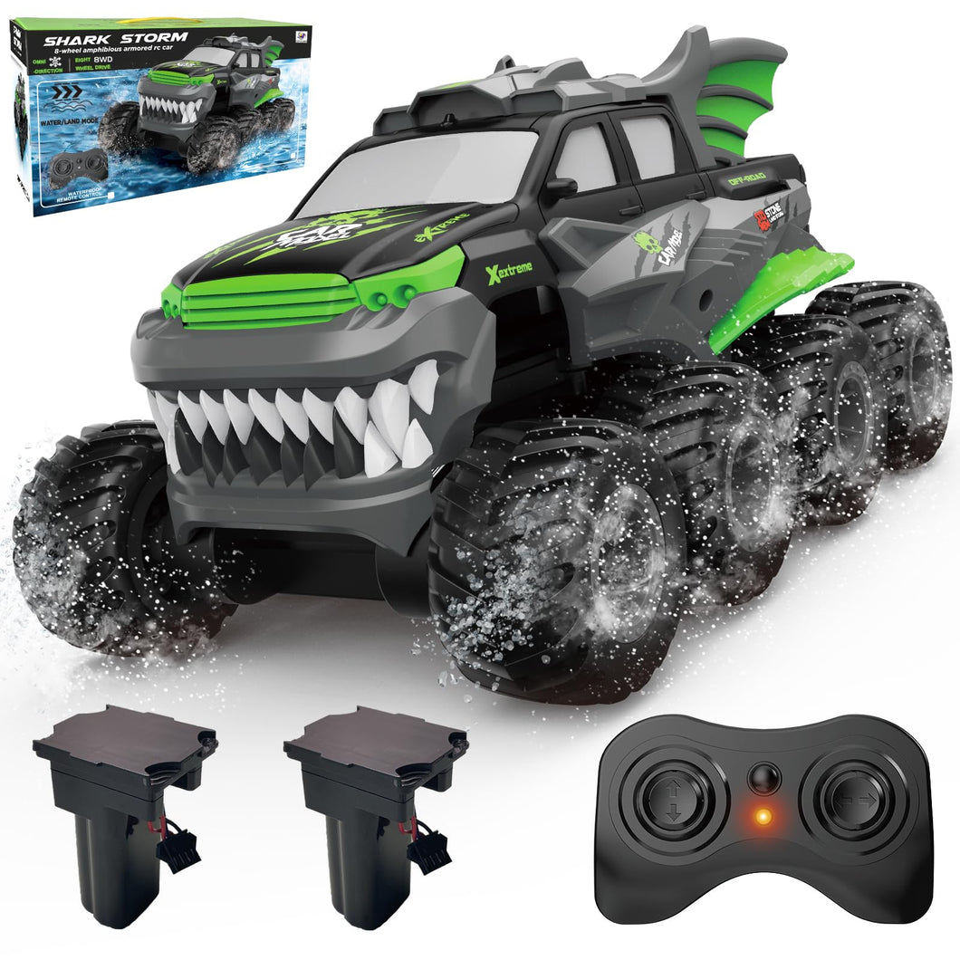 Amphibious Remote Control Car 8WD RC Monster Truck with 2 Rechargeable Batteries for Boys Age 8-12 Offroad Waterproof, Green