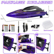 Load image into Gallery viewer, Remote Control Boat Toys-2.4GHz 20KPH with 2 Rechargeable Batteries-3 LED Light Modes 200 Feet RC Distance-Rechargeable (Purple)
