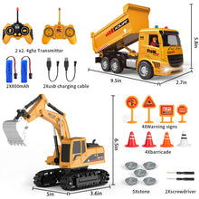 Load image into Gallery viewer, Remote Control Excavator and Dump Truck Toy Set - RC Construction Vehicles Toy with Barricades, Road Signs, Simulated Rocks
