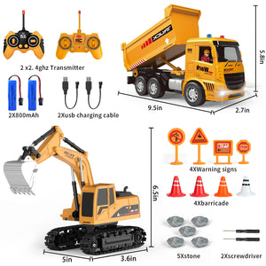Remote Control Excavator and Dump Truck Toy Set - RC Construction Vehicles Toy with Barricades, Road Signs, Simulated Rocks