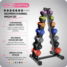 Load image into Gallery viewer, HolaHatha Neoprene Dumbbell Weights Set w/ Rack, Home Gym Equipment, 146 Lbs, Multicolor - Portable Weighted Exercise Dumbbells for Fitness, Training, and Lifting Workouts
