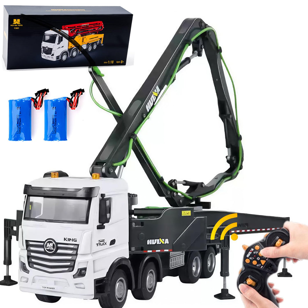 18.9 Inches 11 Channel Remote Control Cement Pump Truck 1/18 Scale 2-Batteries 2.4Ghz RC Concrete Construction Vehicle (Grey 8-Wheels)