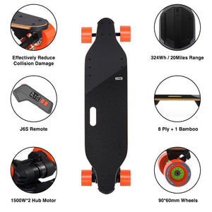 Electric Skateboard with Remote, 2500 * 2 Powerful Belt Motors, 28MPH/45KPH Top Speed, UP to 28Mlies/45KM Range
