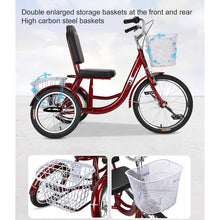 Load image into Gallery viewer, Red, Adult Tricycles, Pedal Tricycle with Front and Rear Removable Baskets, Outward-Facing Toe and Rollover Prevention
