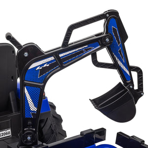 3 in 1 Kids Ride on Tractor, Excavator & Bulldozer, 24V Electric Tractor w/Trailer, Digger, Shovel Bucket, Blue