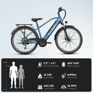 Jasion Roamer Electric Bike for Adults 1200W Peak Motor 528WH Removable Battery,up to 60miles 28MPH City,Blue