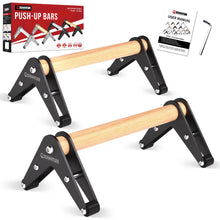 Load image into Gallery viewer, Mochantum Parallettes Bars - Wooden Push Up Bars with Non-Slip Heavy-Duty Stainless Steel Base, 660LB Capacity, Portable Calisthenics Equipment for Calisthenics, Handstand ,Strength Training &amp; Home Gym Workouts, Black, 12.7 inch
