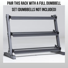 Load image into Gallery viewer, Rep Fitness Dumbbell Rack | 3-Tier Compact Holder | Fits Sets 5-50 lb | Weight Storage Stand | Rubber Hex Organizer | Free Weights Shelf | Heavy Duty Steel Frame | Gym Equipment for Home (Matte Black)
