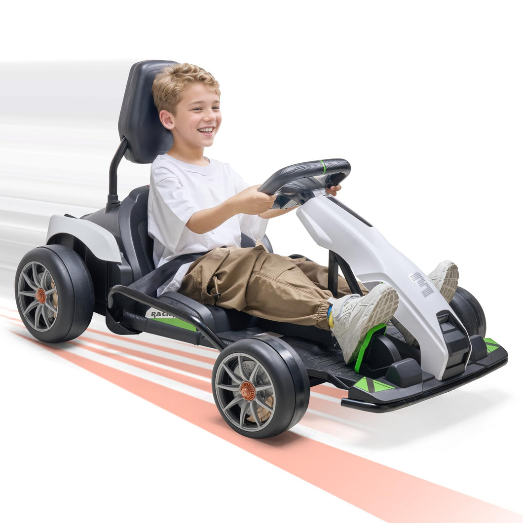 Electric Go Kart, 24V 9Ah Battery, Pedal Go Kart Portable Outdoor Race Toy for Kids Ages 6+, 200W Motor, 7.5 MPH High Speed Drifting Black/White