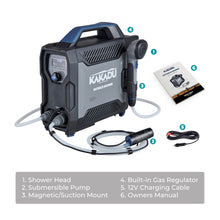 Load image into Gallery viewer, Kakadu Portable Camping Outback Shower, Instant Hot Water for Outdoor Use - Slimline Design, Rechargeable Lithium Battery, Adjustable Shower Head, Slim Pump, Digital Display
