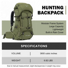 Load image into Gallery viewer, MOXULE Pro 3600 Frame Backpack - Meat Hauler Pack with Rain Cover for Outdoor - Lightweight, Green

